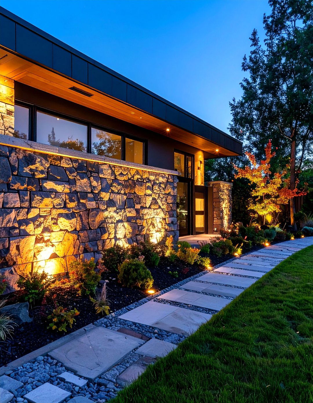 Natural Stone Wall with LED Accent Lighting - 25 Natural Rock Retaining Wall Ideas