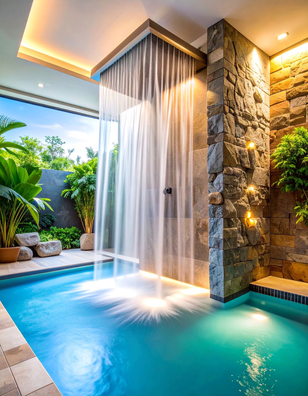 Natural Stone Waterfall Wall Feature - 25 Rustic Walk-in Shower Ideas