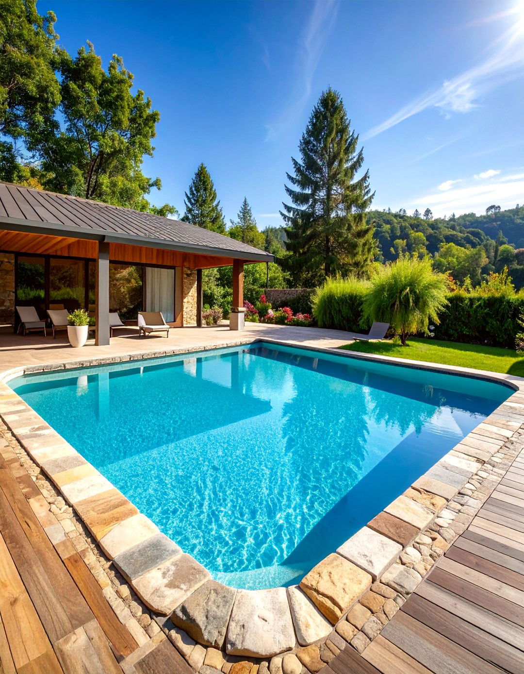 Natural Swimming Pool with Stone Decking - 25 Rustic Landscaping Ideas