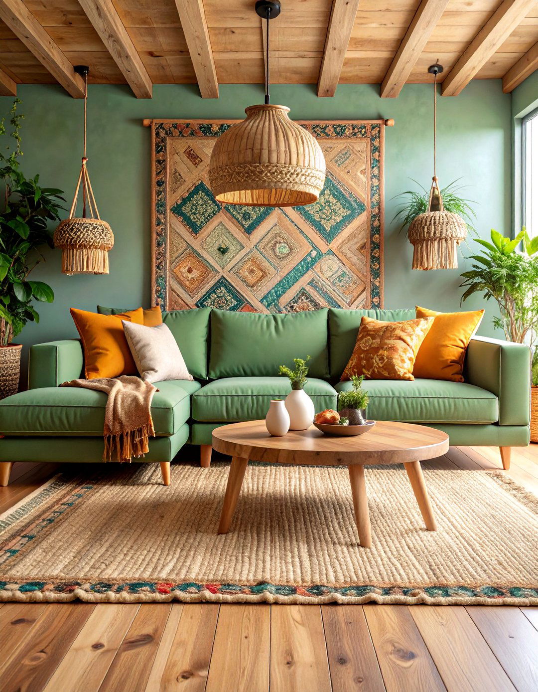 Natural Texture Layering with Sage Green Upholstery - 25 Rustic Sage Green Living Room Ideas