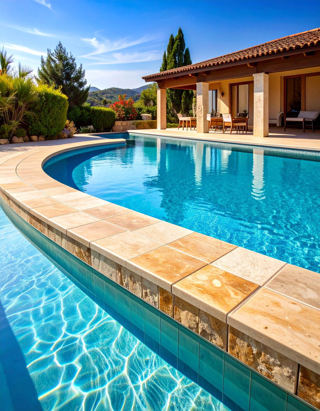 Natural Travertine Look Porcelain Waterline - 25 Waterline Pool Tile Ideas