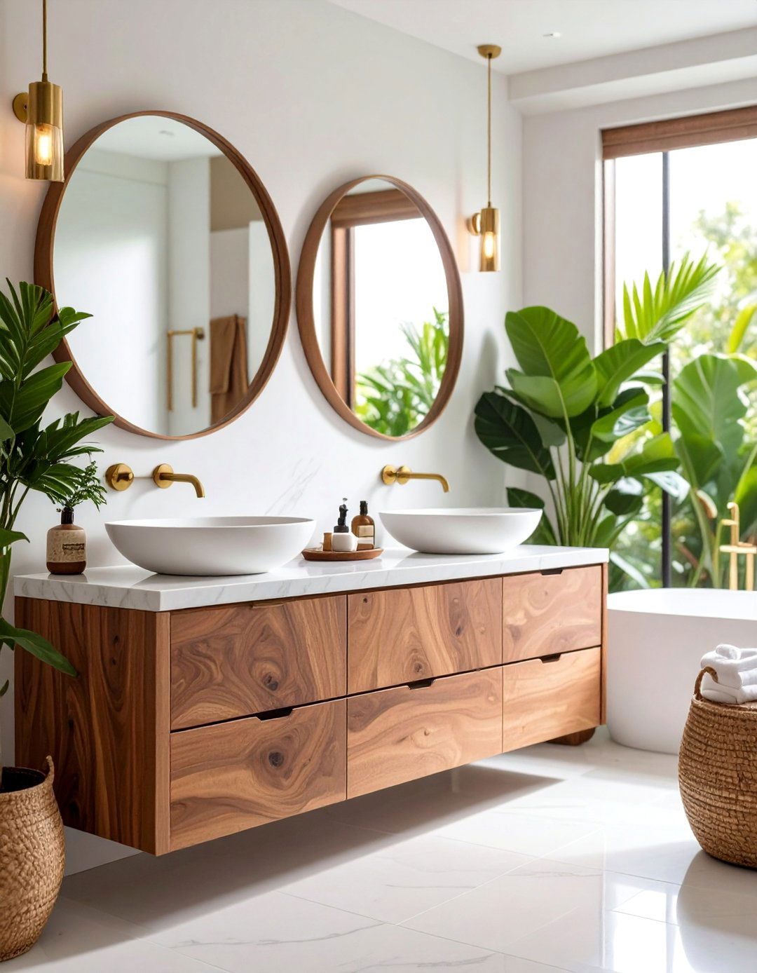 Natural Walnut Wood Grain with Brass Fixtures - 25 Bathroom Cabinet Color Ideas