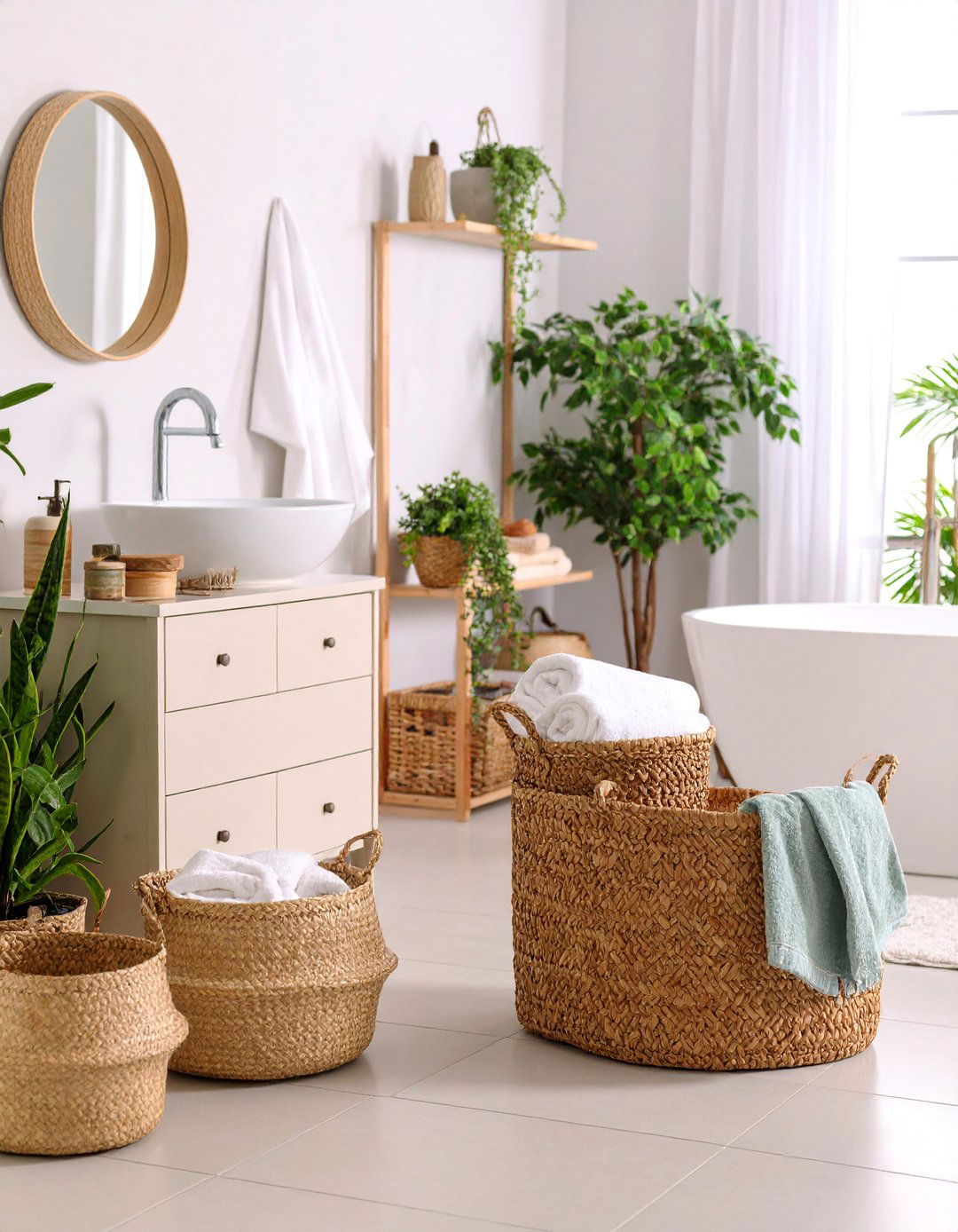 Natural Wicker Basket Storage System with Coordinated Containers - 25 Towel Storage Ideas