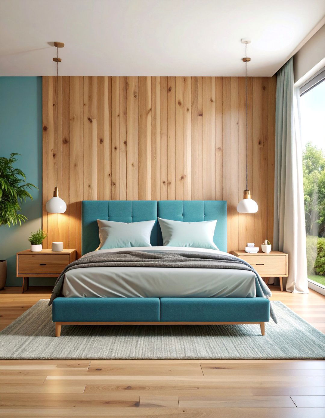 Natural Wood Accent Wall with Floating Nightstands - 25 Minimalist Bedroom Ideas