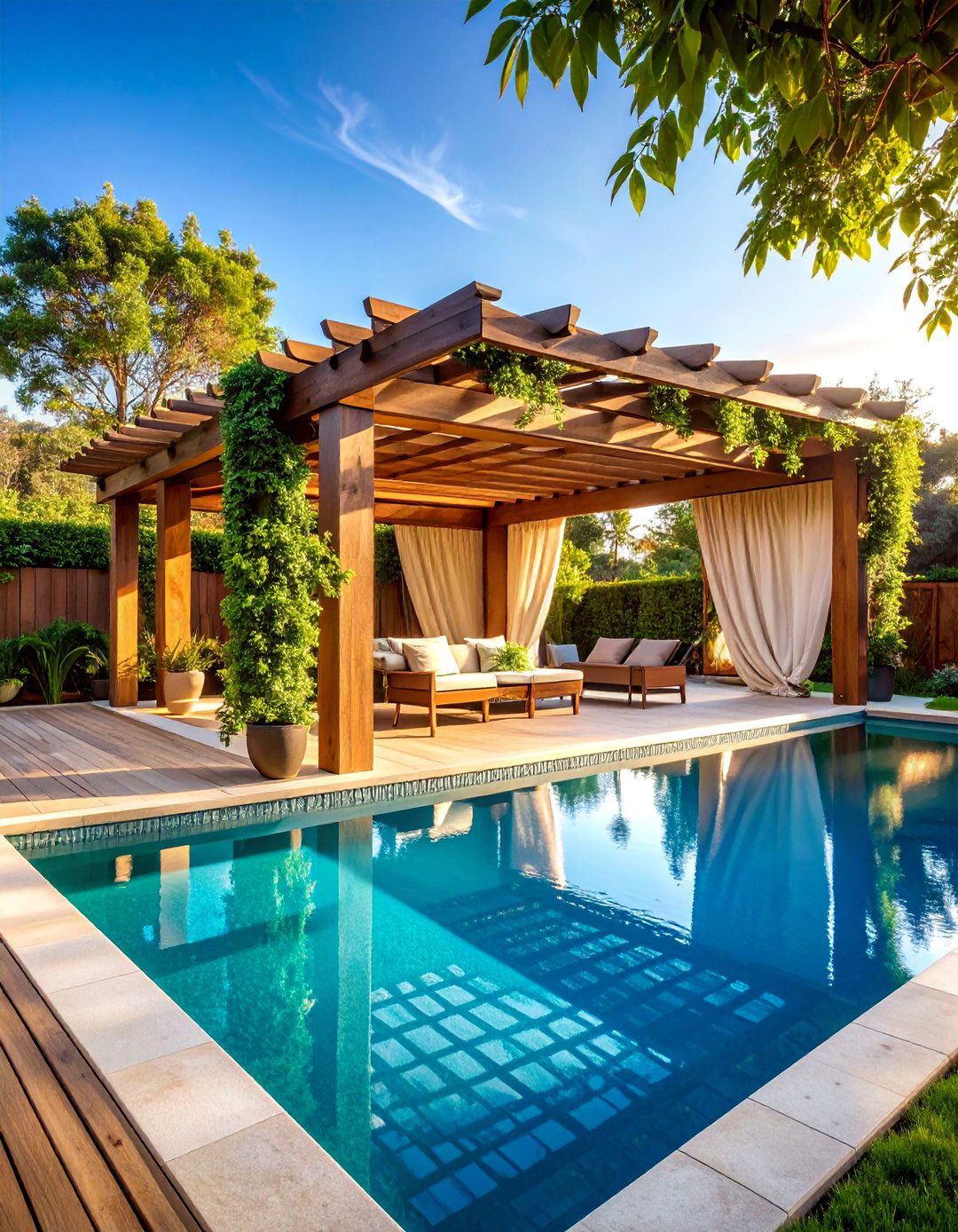 Natural Wood Arbor with Climbing Vines - 25 Pool Shade Ideas
