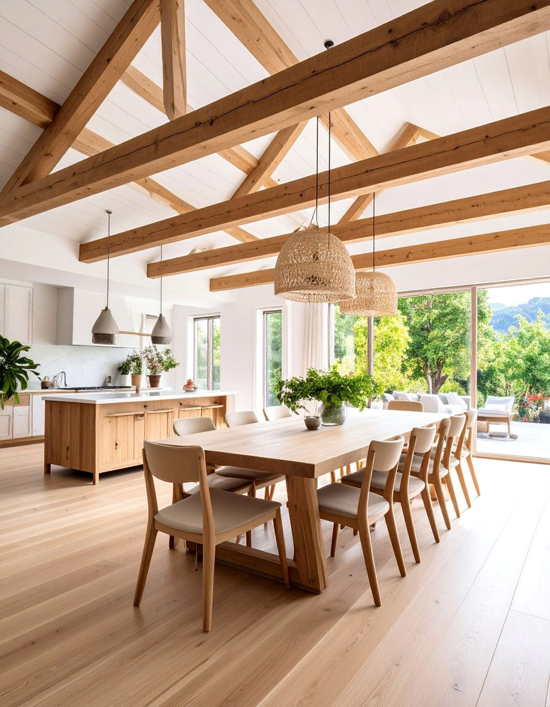Natural Wood Ceiling Beams with White Paint - 25 Transitional Dining Room Ideas