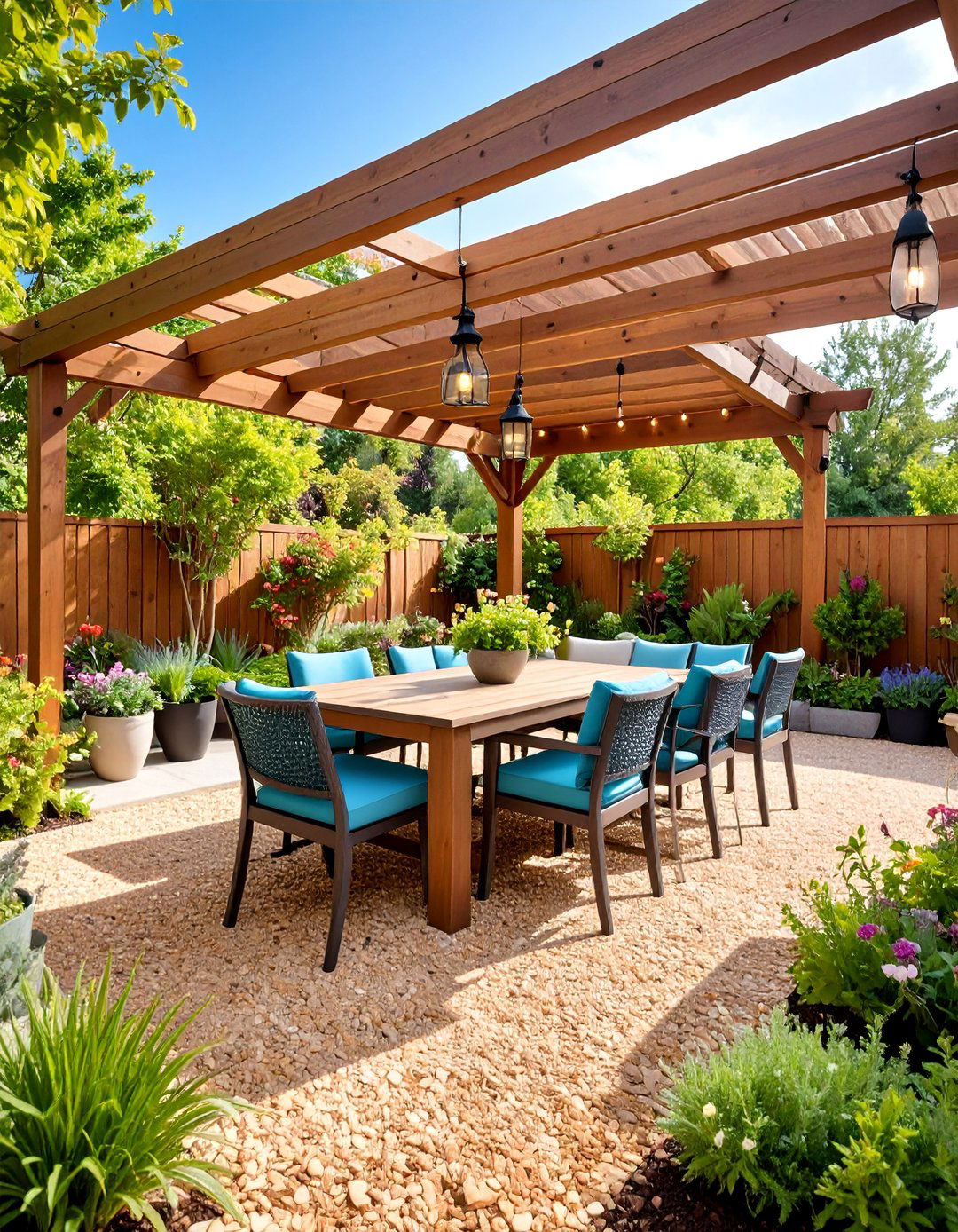 Natural Wood Chip Dining Patio with Pergola - 25 mulch patio ideas