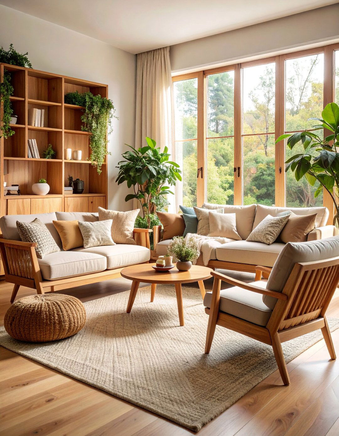 Natural Wood Living Room with Neutral Upholstery - 25 Neutral Boho Living Room Ideas