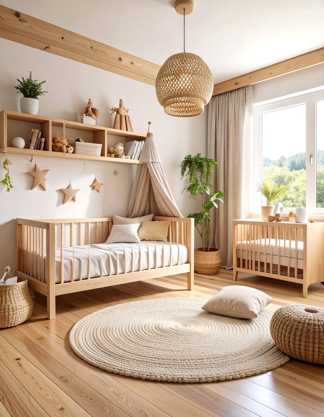 Natural Wood Montessori Nursery with Floor Bed - 25 montessori nursery ideas