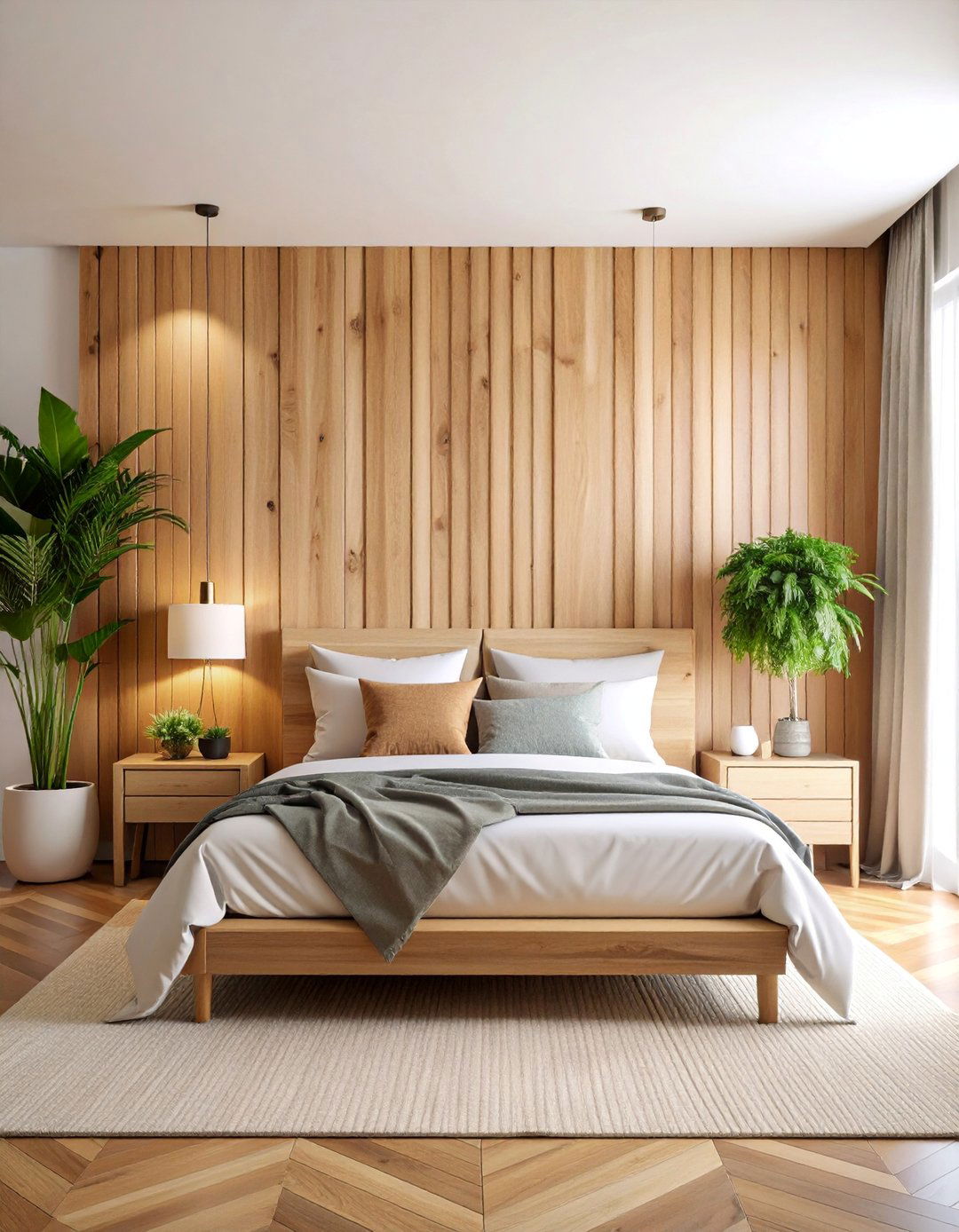 Natural Wood Panel Accent Wall Bedroom with Organic Elements - 25 Scandinavian Bedroom Ideas