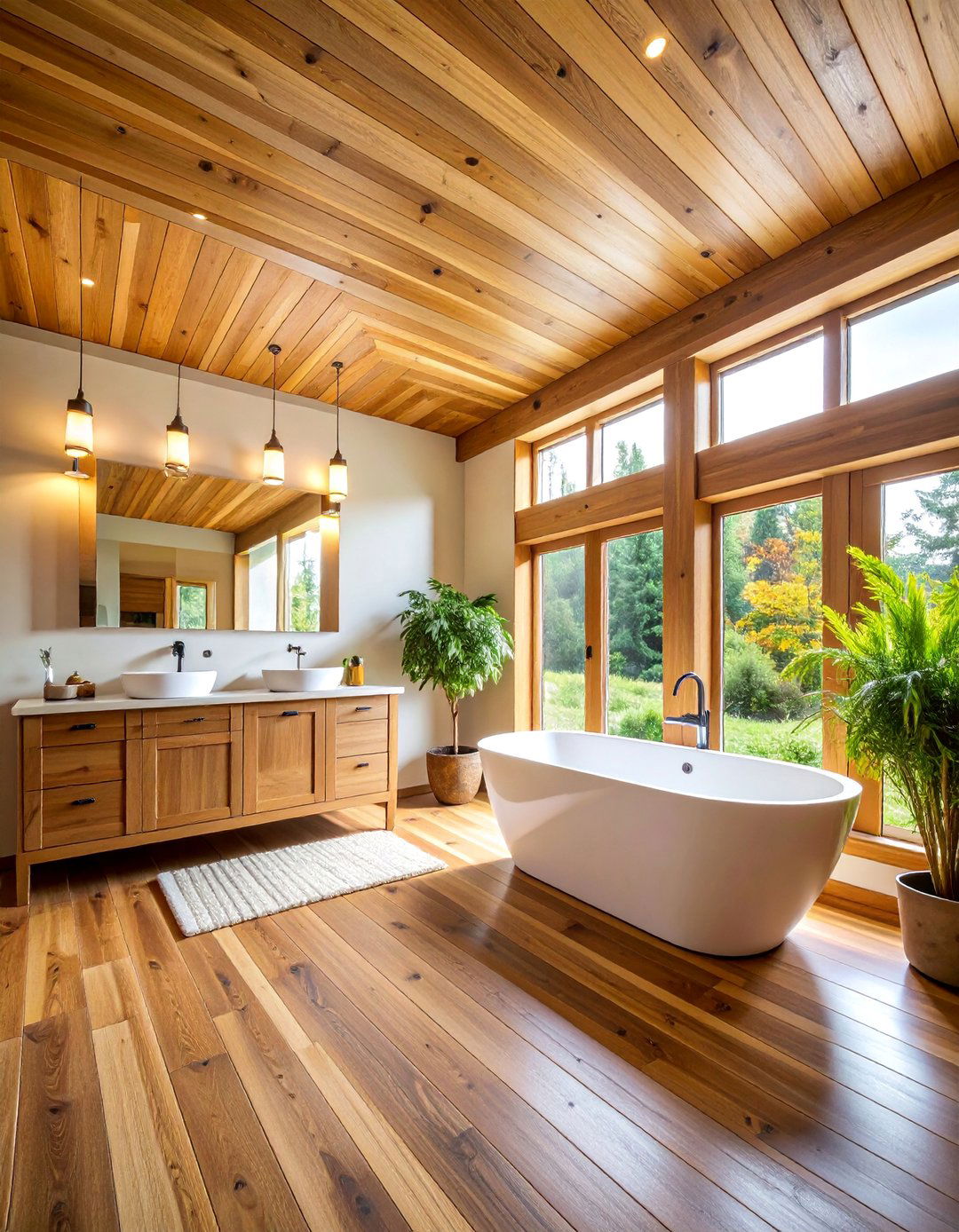 Natural Wood Plank Ceiling with Groove Details - 25 Bathroom Ceiling Ideas