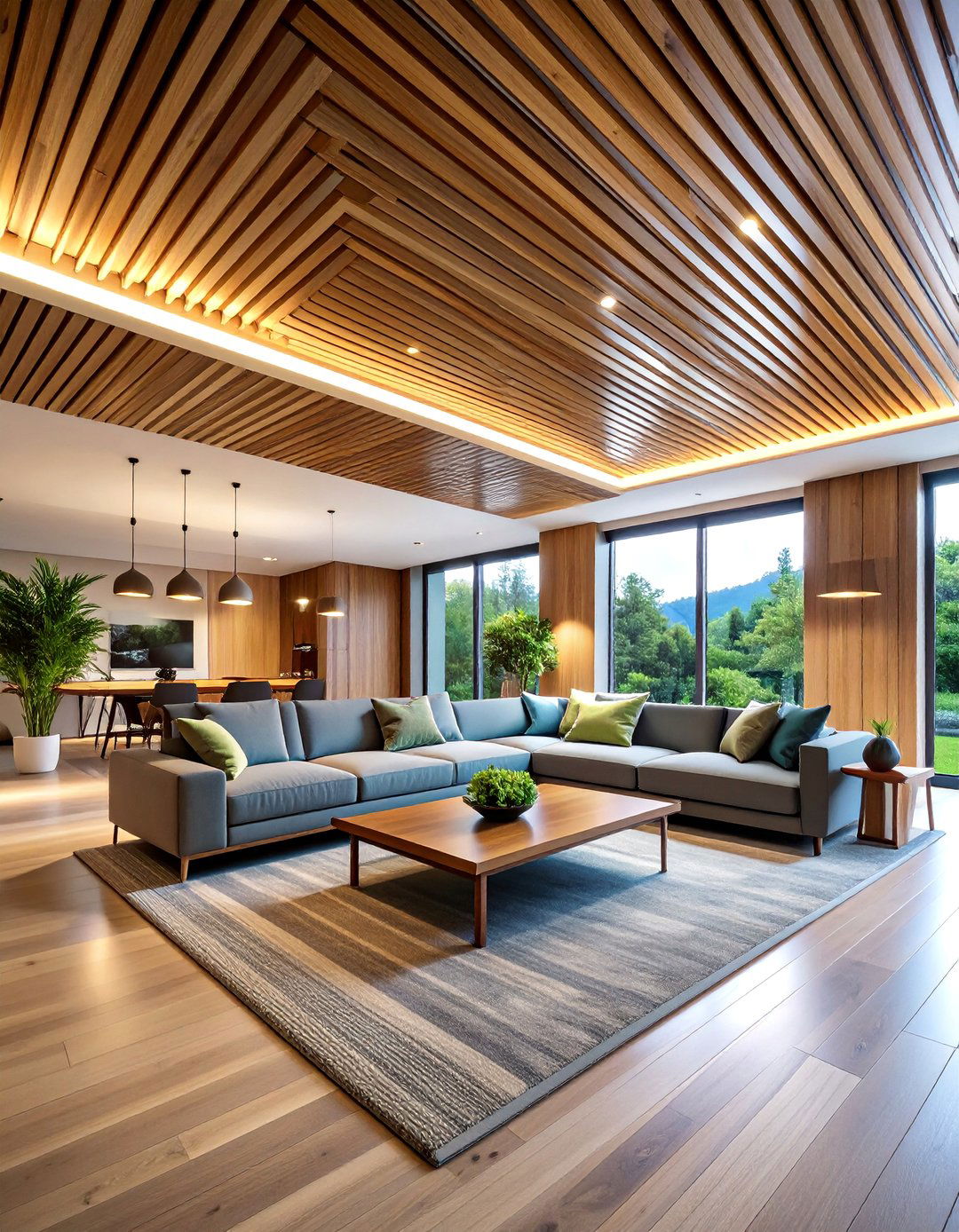 Natural Wood Slat False Ceiling with Linear Lighting - 25 Living Room False Ceiling Design Ideas