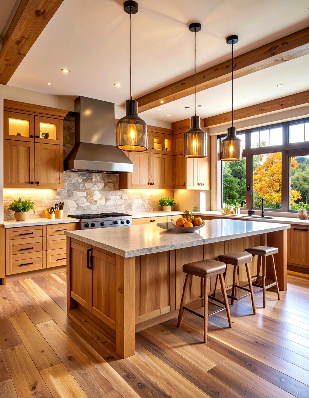 Natural Wood U Shaped Kitchen with Stone Accents - 25 U Shaped Kitchen Ideas