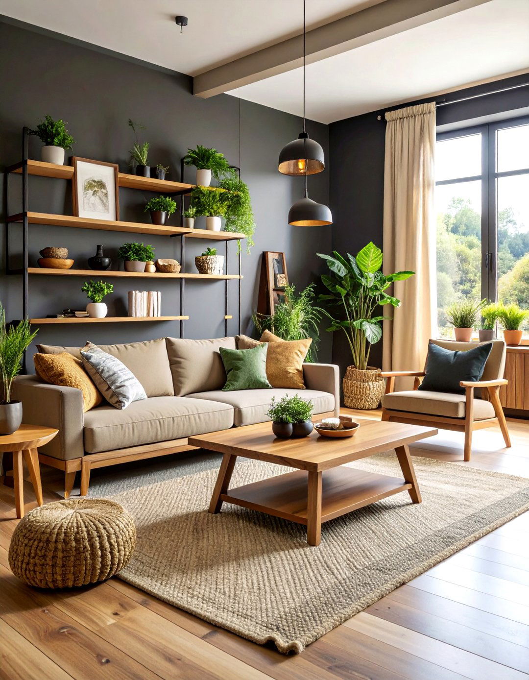 Natural Wood and Black Contrast - 25 Black Boho Living Room Ideas