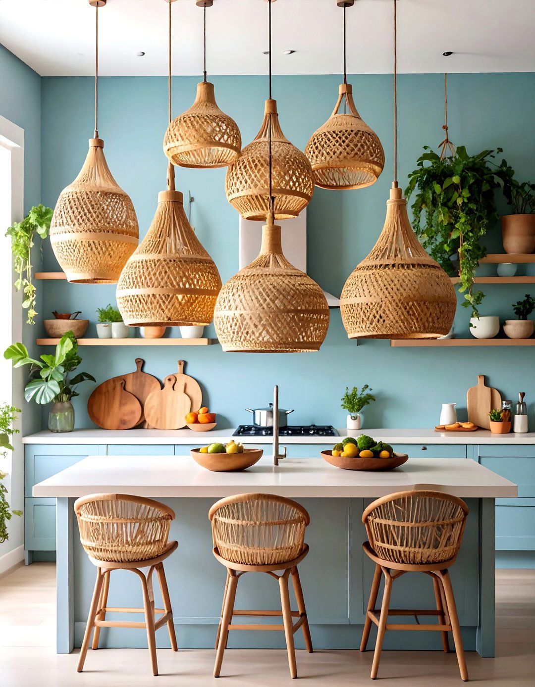 Natural Wood and Rattan Pendant Cluster - 25 Kitchen Lighting Ideas