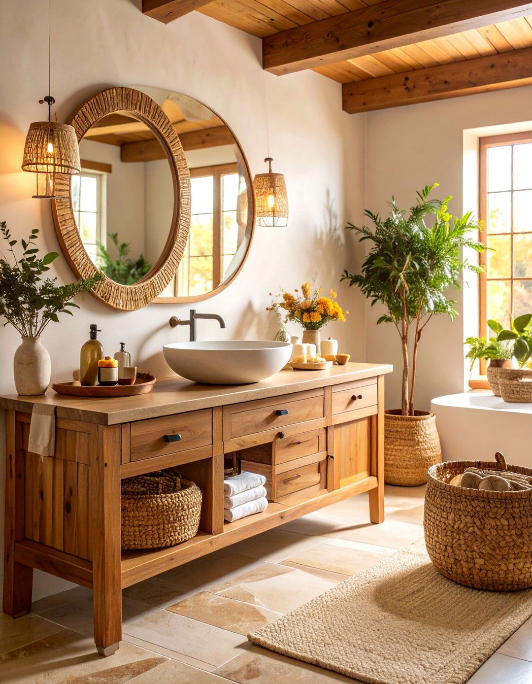 Natural Wood and Stone Elements - 25 Cottage Bathroom Ideas