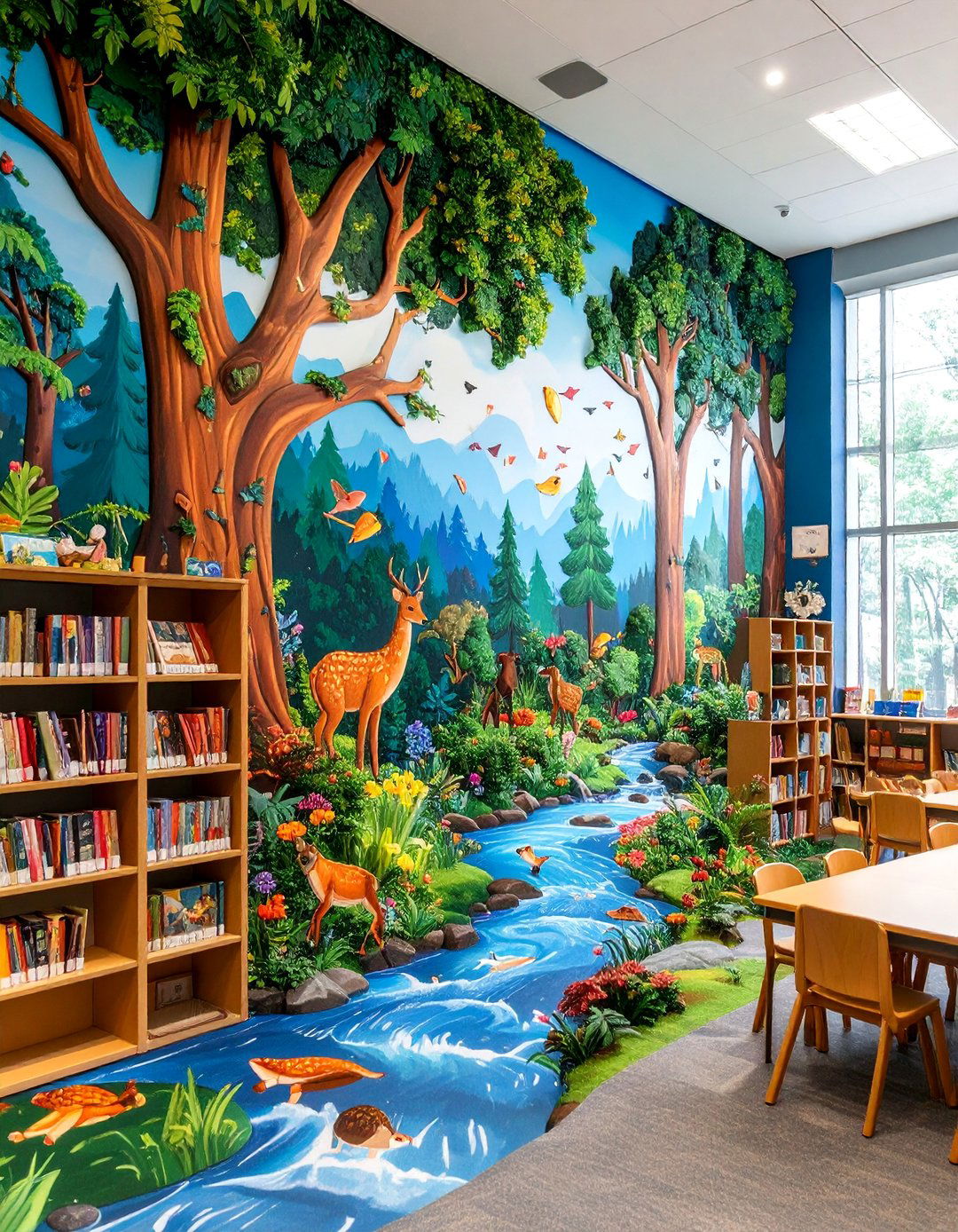 Nature Forest Scene Mural with Wildlife - 25 School Mural Ideas