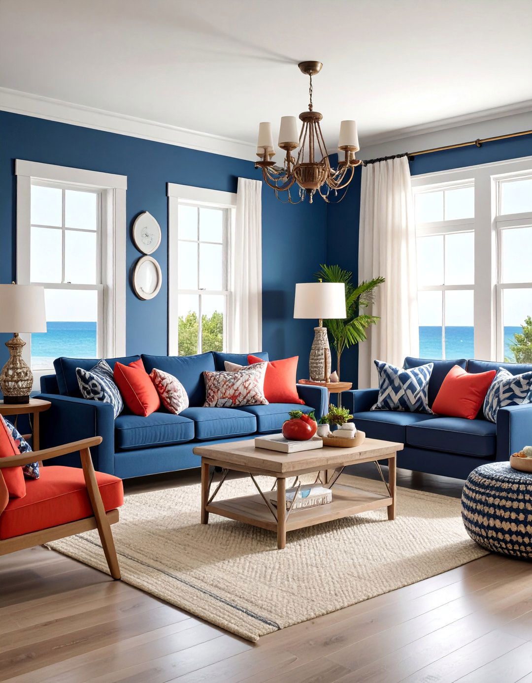 Nautical Inspired Living Room with Navy Black and Coral Red - 25 Black and Red Living Room Ideas