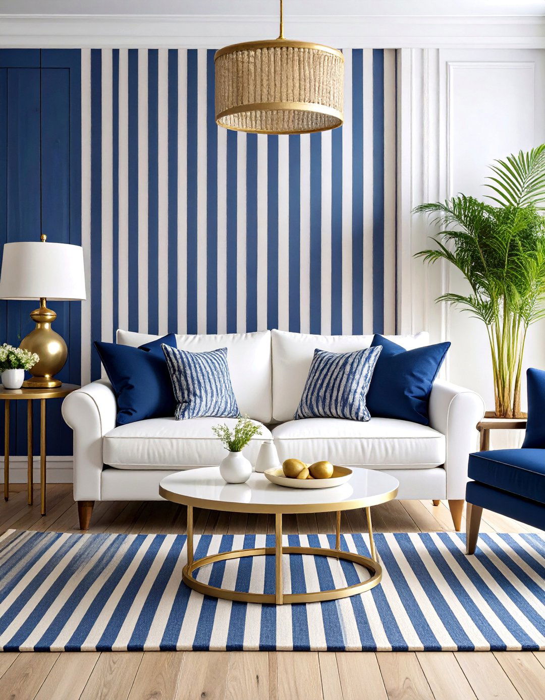 Nautical Living Room with Striped Patterns - 25 Blue and White Decor Ideas