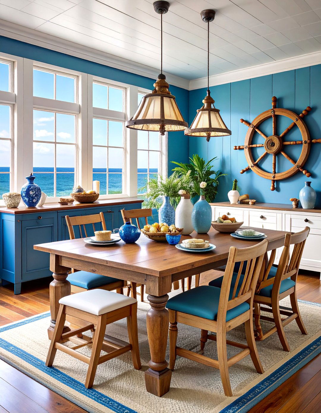 Nautical Sideboard with Ship Wheels and Maritime Accessories - 25 Sideboard Decor Ideas