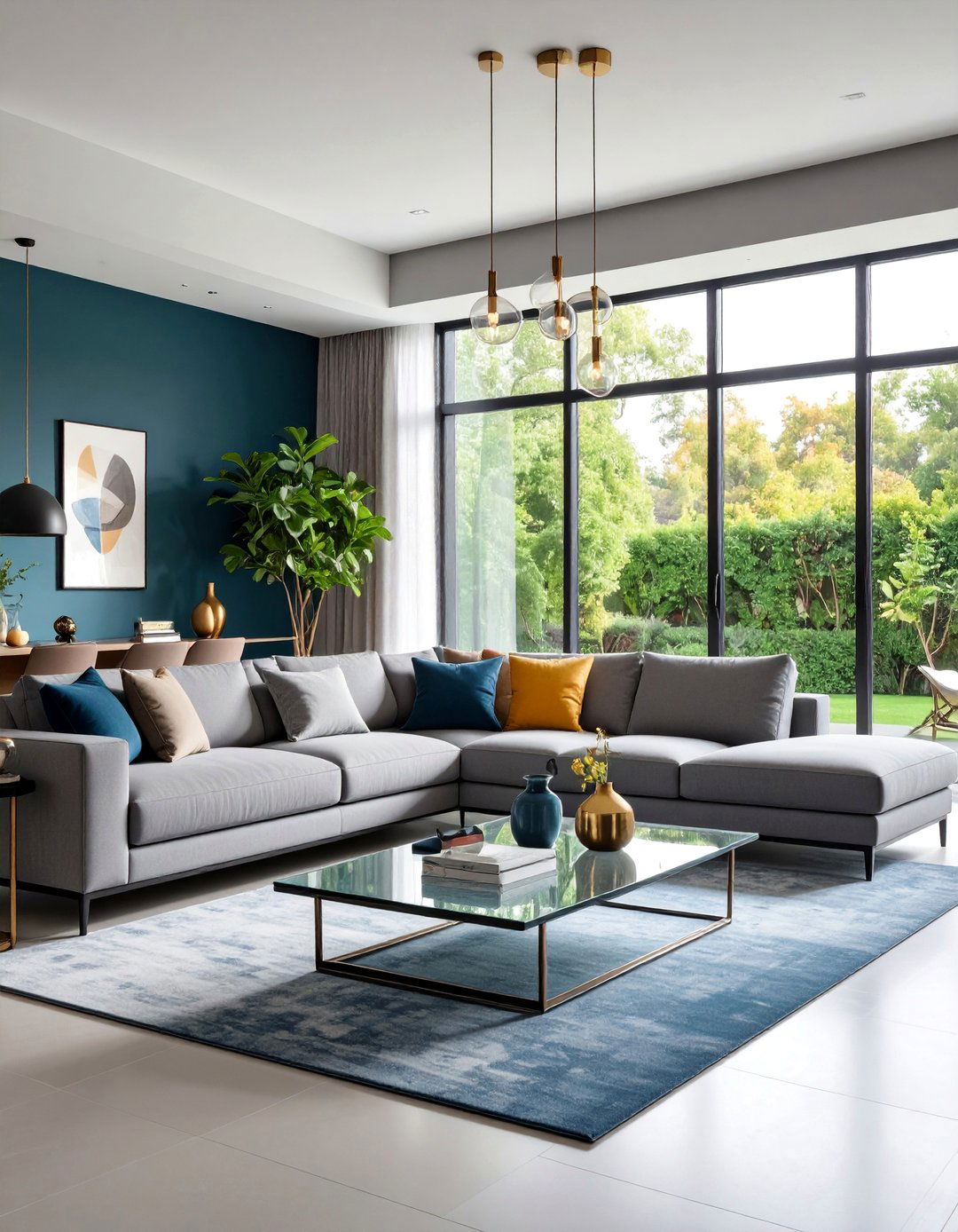 Navy Accent Wall with Contemporary Gray Furniture - 25 Navy Living Room Ideas