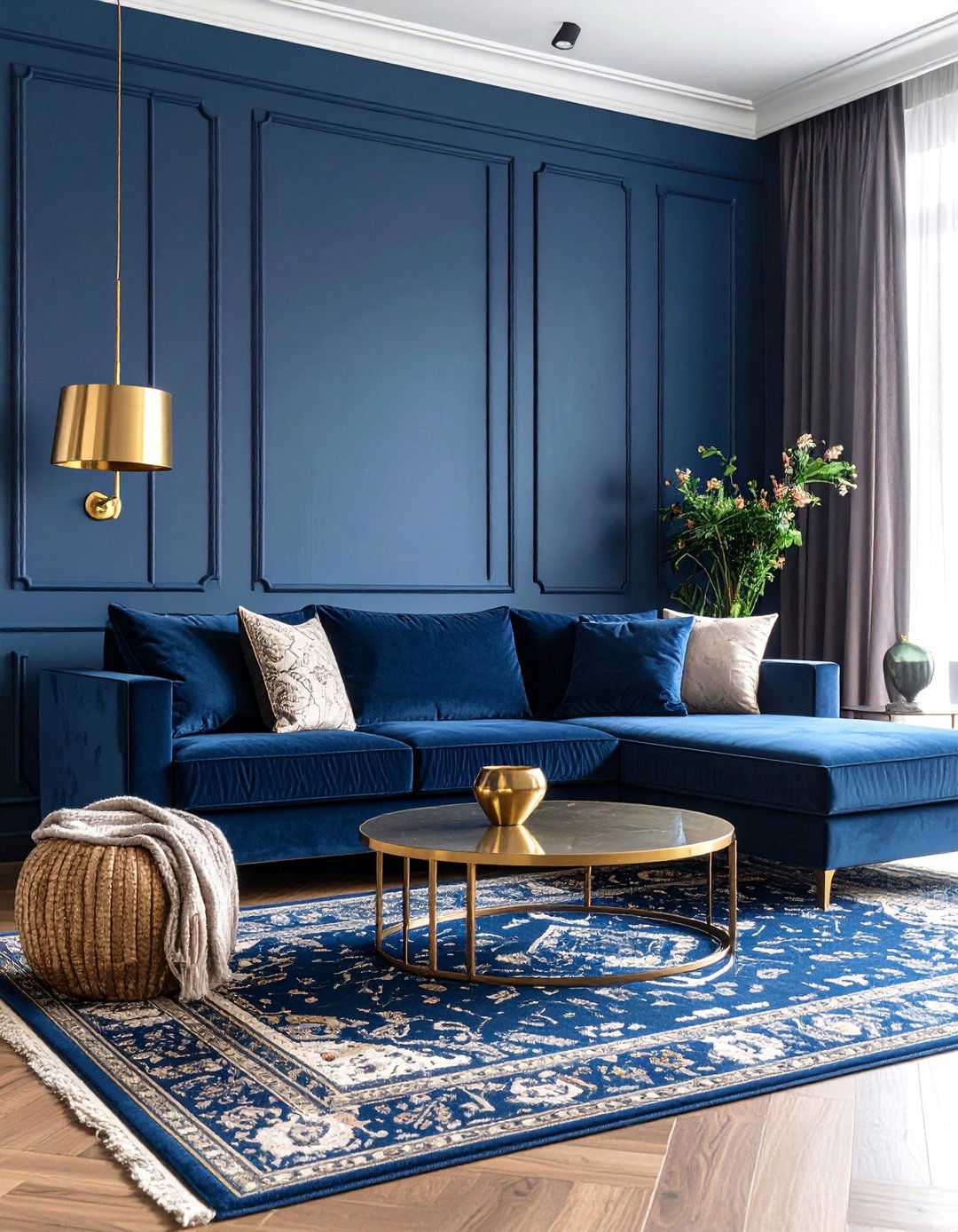 Navy Blue Accent Living Room with Brass Details - 25 Mens Living Room Ideas
