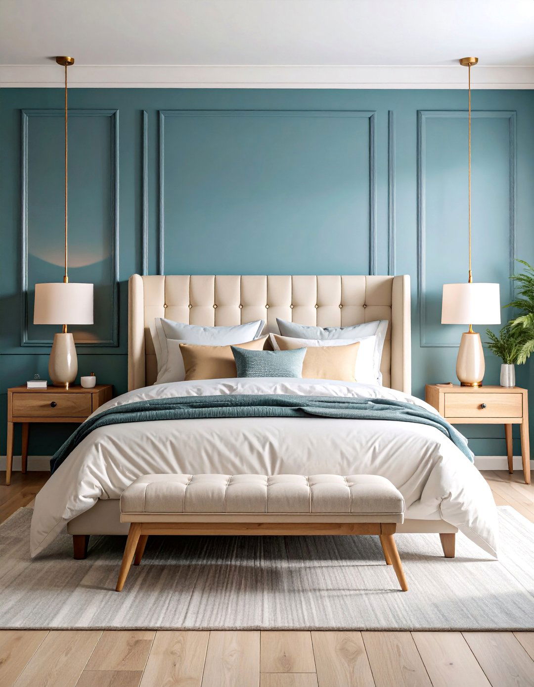 Navy Blue Accent Wall with Beige Bedding - 25 blue and beige bedroom ideas