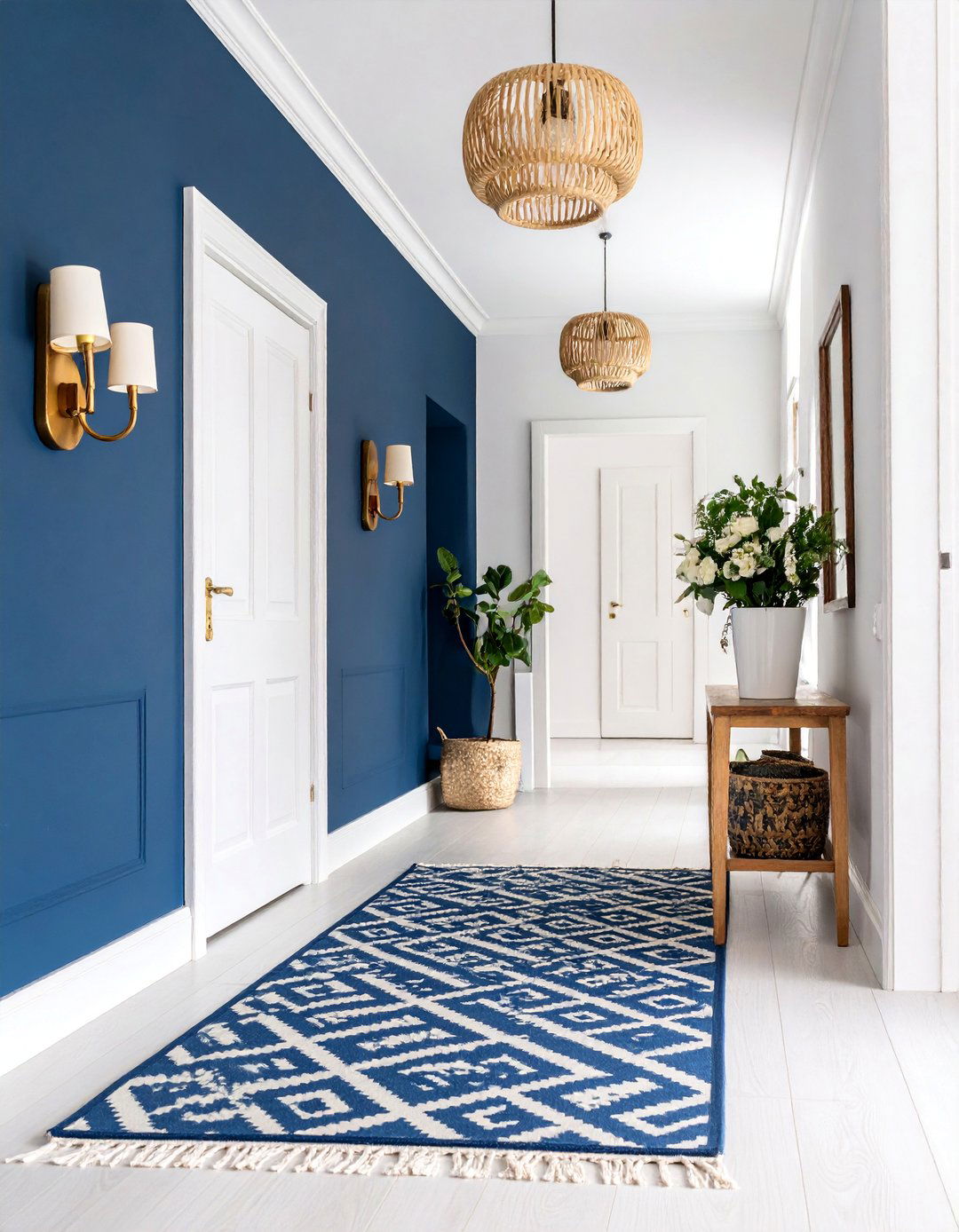 Navy Blue Accent Wall with Brass Sconces - 25 Dark Hallway Ideas