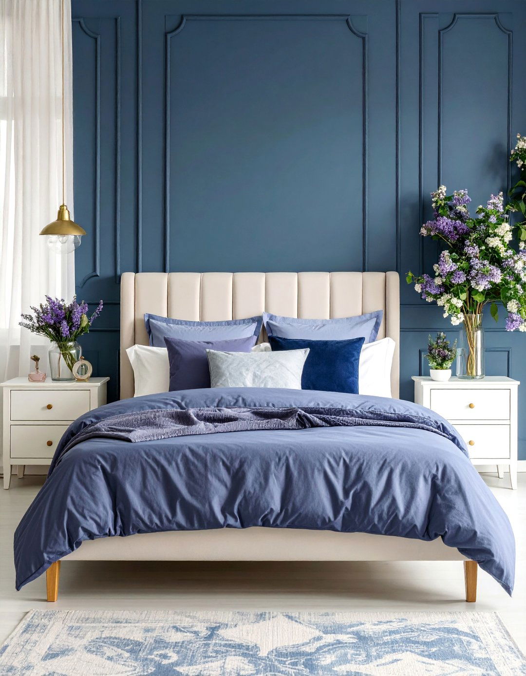 Navy Blue Accent Wall with Lavender Bedding - 25 Blue and Purple Bedroom Ideas
