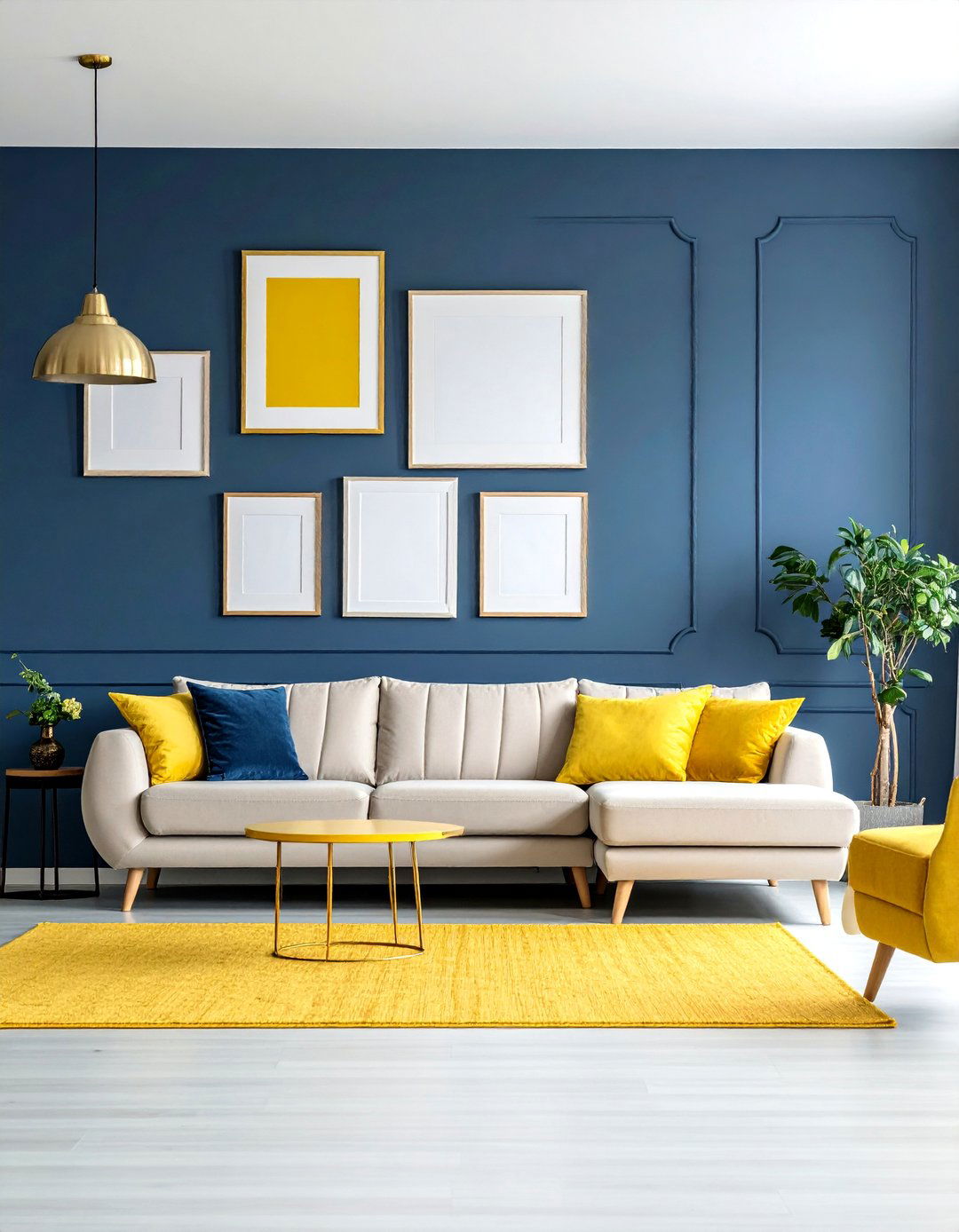 Navy Blue Accent Wall with Yellow Gallery Frame Collection - 25 Yellow and Blue Living Room Ideas