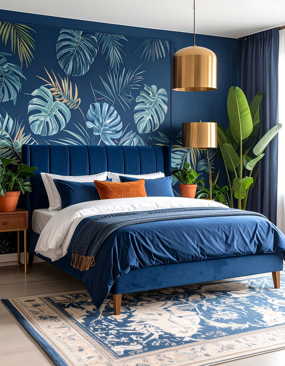 Navy Blue Bedroom with Botanical Prints - 25 Navy Blue Bedroom Ideas