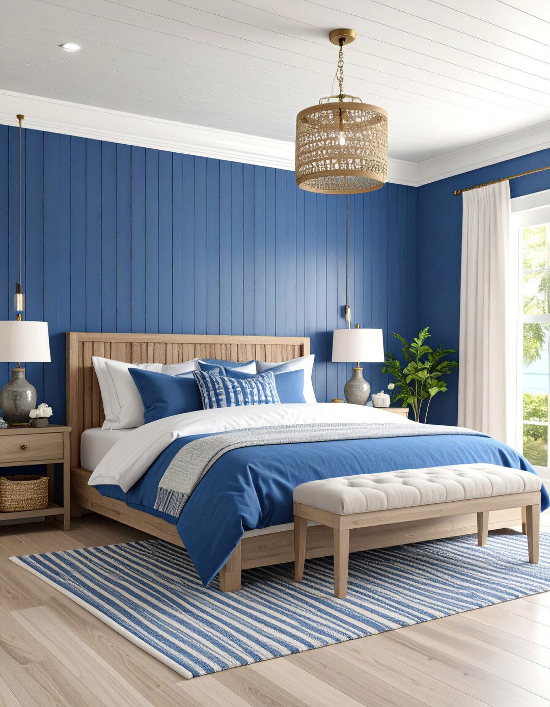 Navy Blue Bedroom with Horizontal Shiplap Accent - 25 Bedroom Accent Wall Ideas