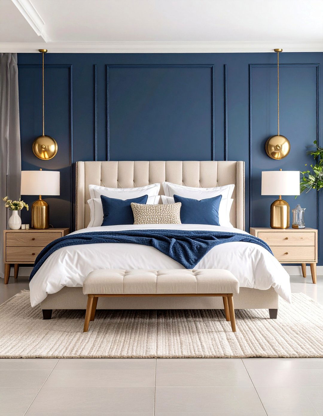 Navy Blue Bedroom with Metallic Accents - 25 Blue Accent Wall Ideas