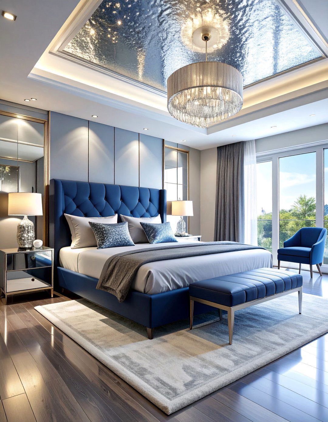 Navy Blue Bedroom with Metallic Silver Shine - 25 Navy Blue Bedroom Ideas