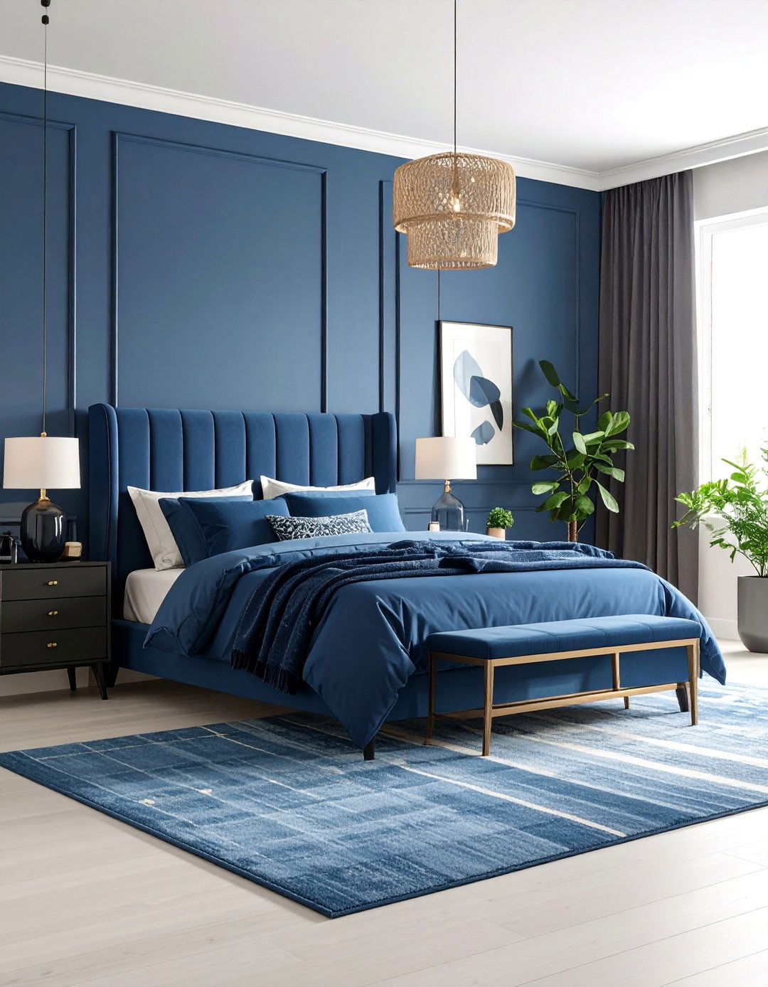 Navy Blue Bedroom with Monochrome Layers - 25 Navy Blue Bedroom Ideas