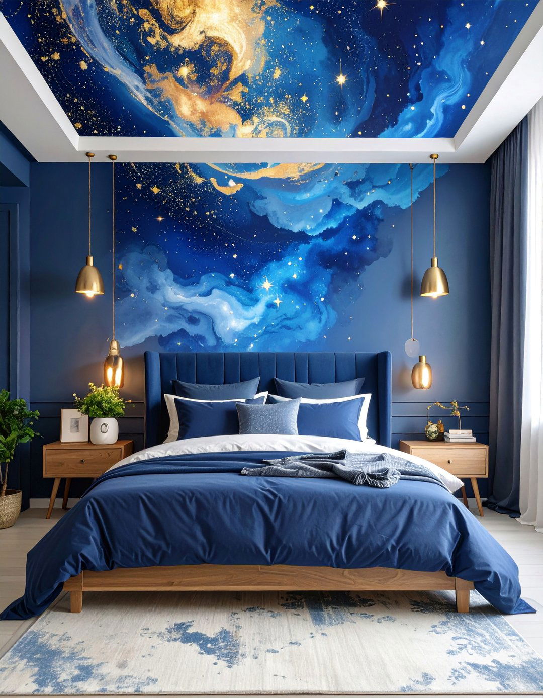 Navy Blue Bedroom with Statement Wall Mural - 25 Navy Blue Bedroom Ideas