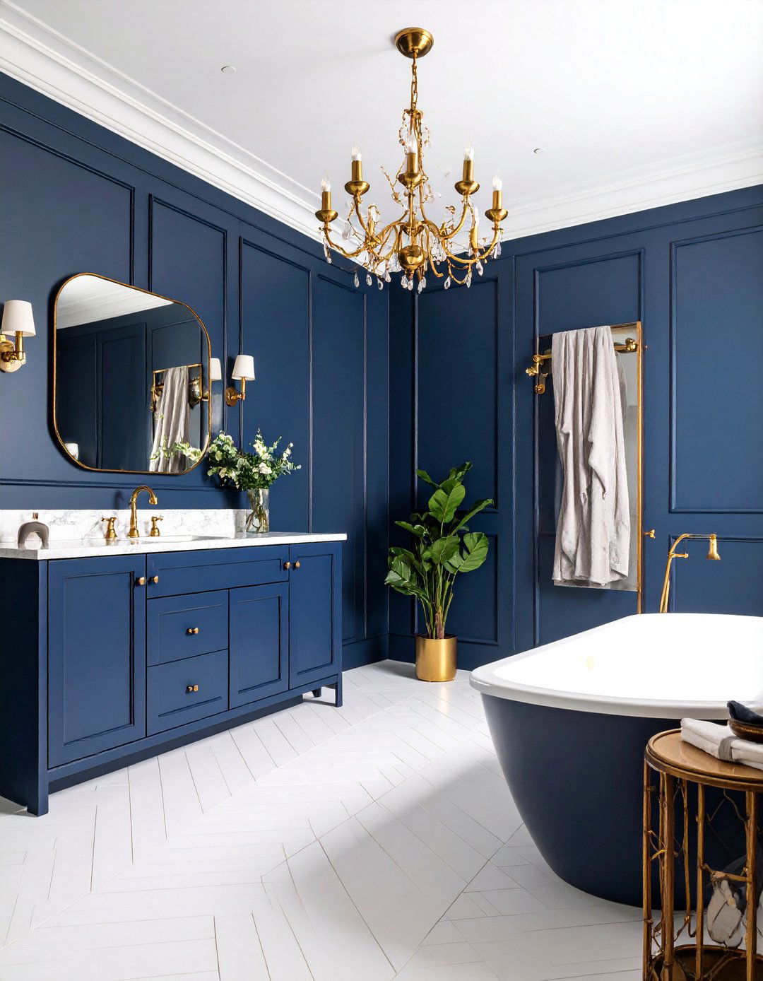Navy Blue Board and Batten with Gold Accents - 25 Powder Room Wainscoting Ideas