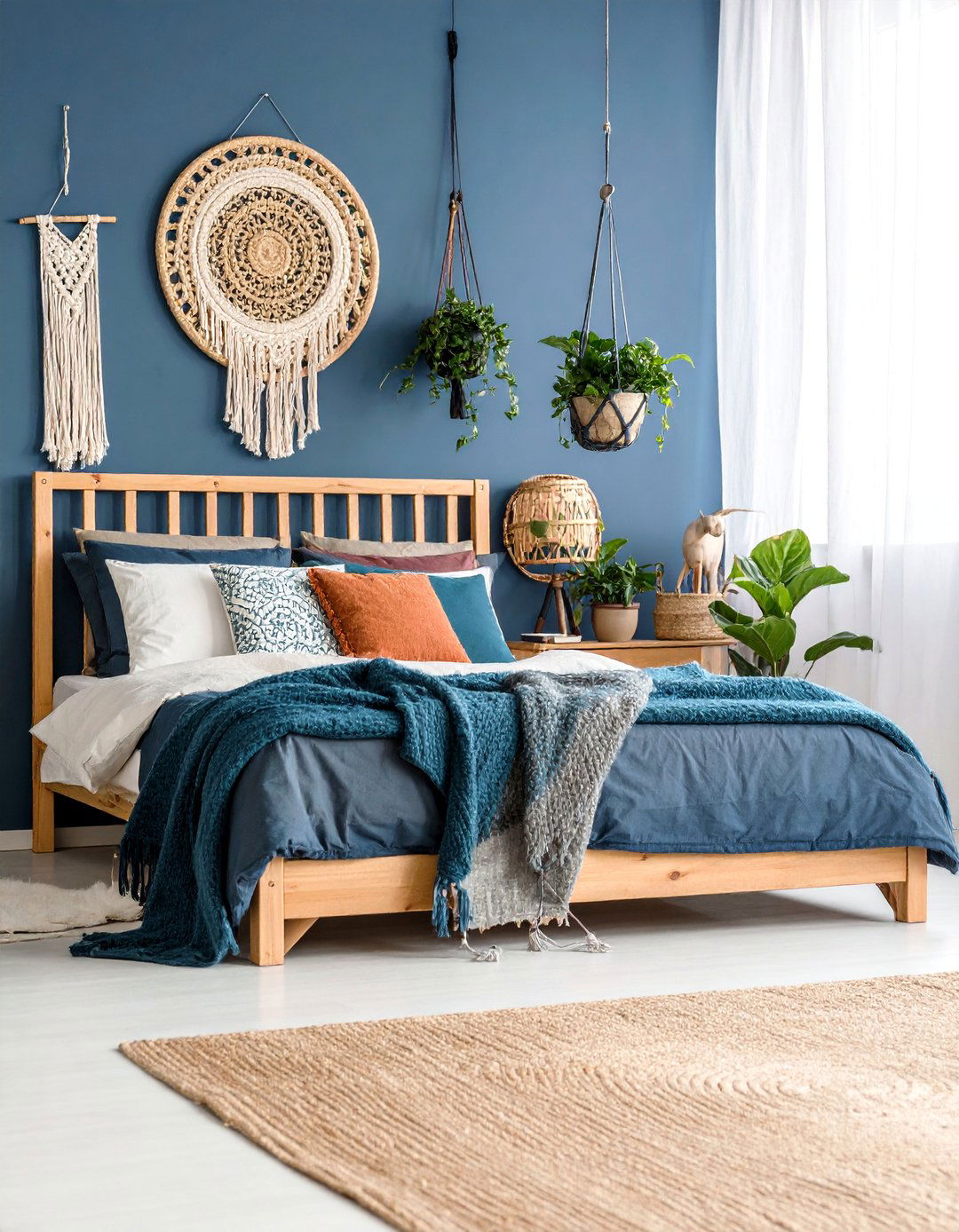 Navy Blue Bohemian Retreat with Natural Textures - 25 Moody Blue Bedroom Ideas