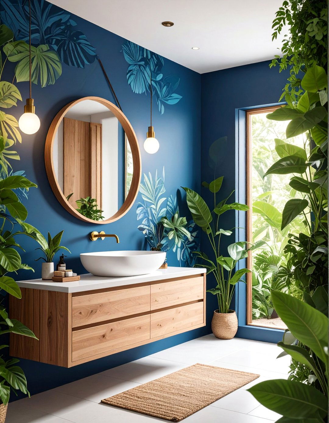 Navy Blue Botanical Wallpaper Powder Room with Natural Elements - 25 navy blue powder room ideas