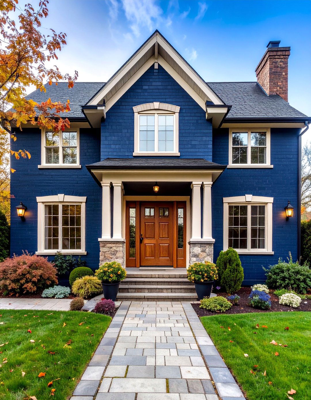 Navy Blue Brick with Cream Accents - 25 Exterior Brick Paint Color Ideas