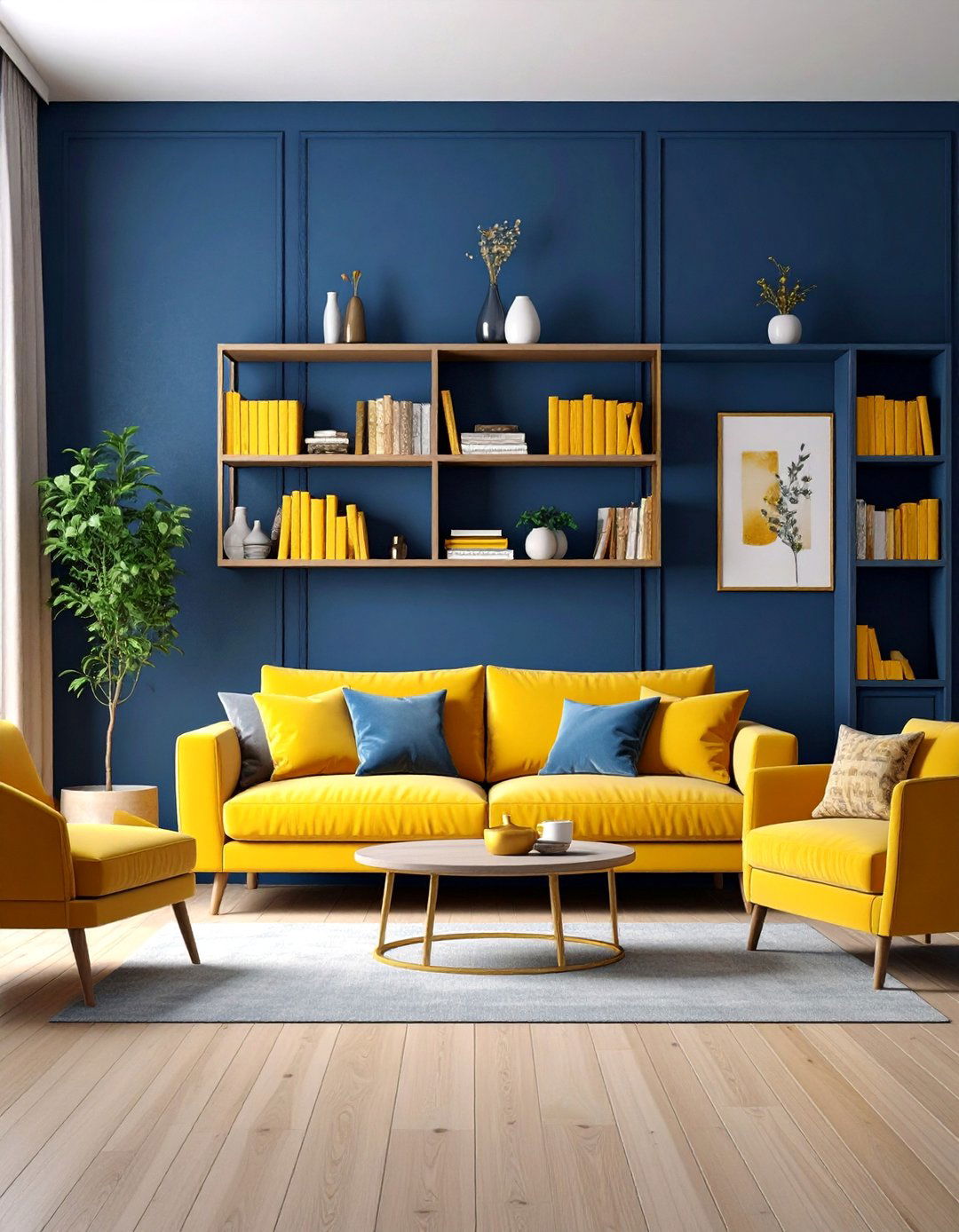 Navy Blue Built in Shelving with Yellow Decor Accents - 25 Yellow and Blue Living Room Ideas