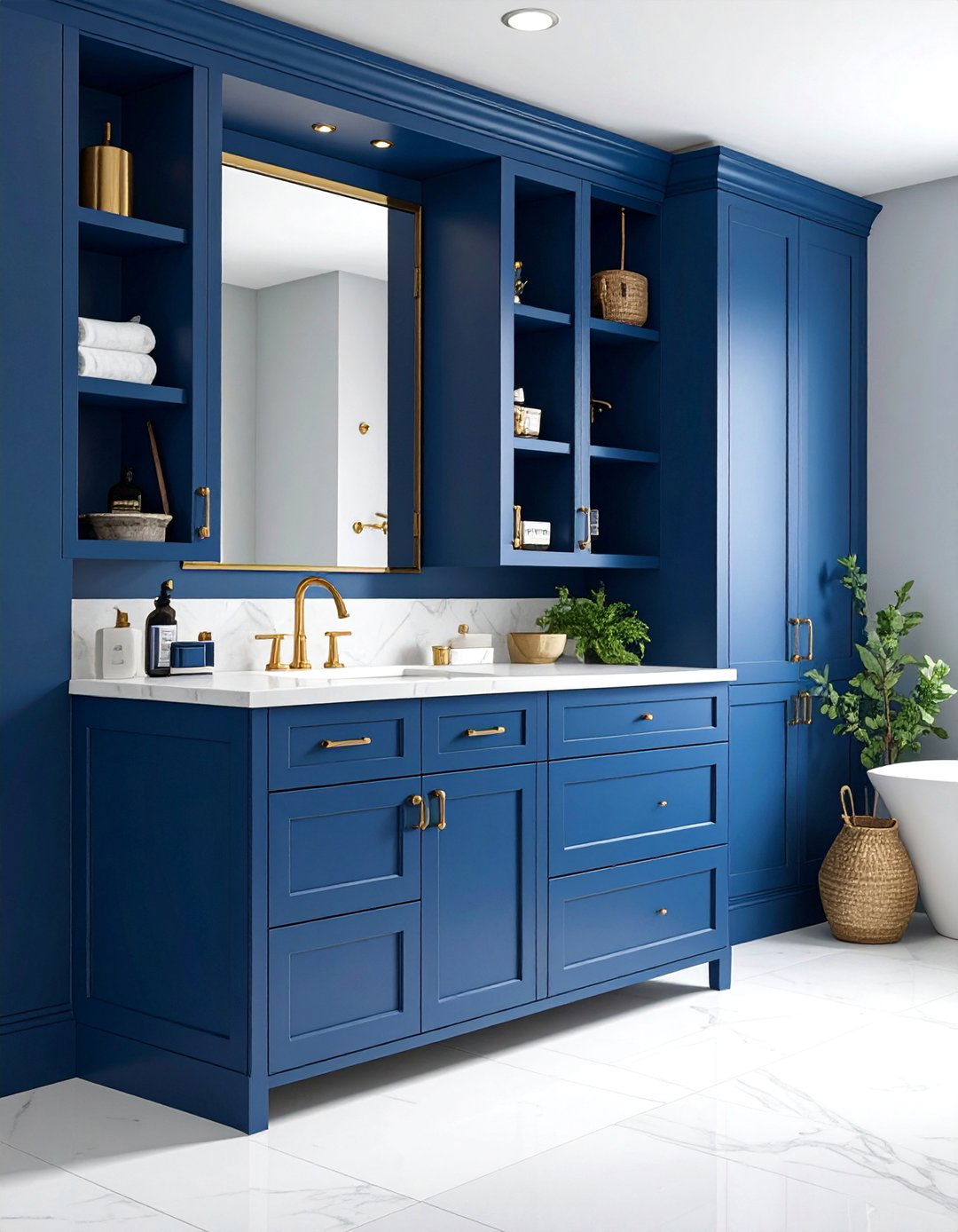 Navy Blue Built in Storage Design - 25 Blue and White Bathroom Ideas