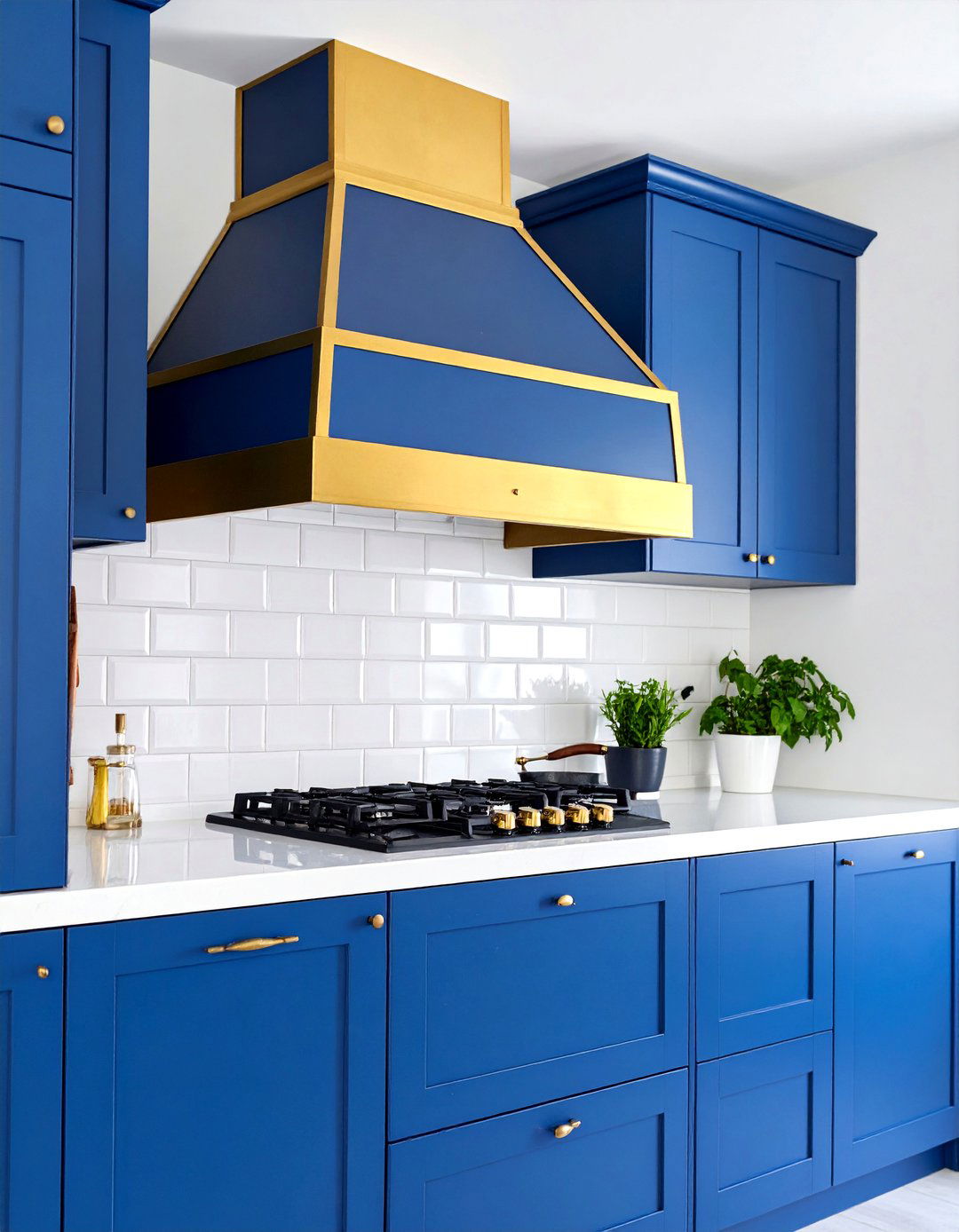 Navy Blue Cabinets with Brass Range Hood - 25 Navy Blue Kitchen Cabinets Ideas