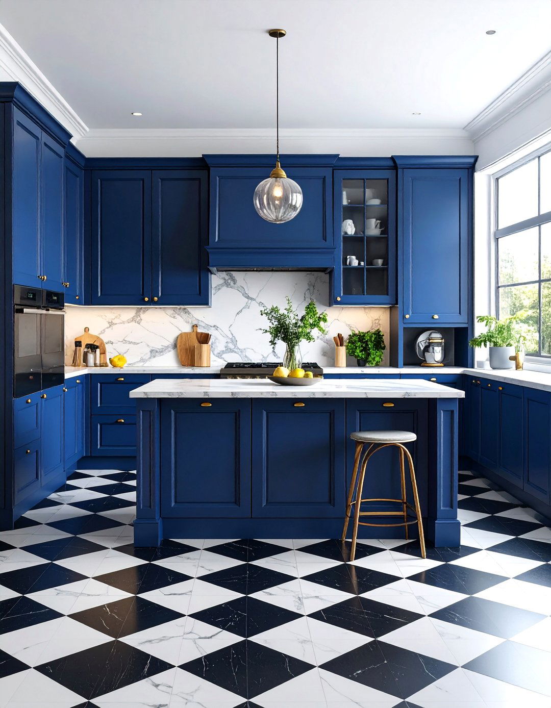 Navy Blue Cabinets with Checkerboard Floor Pattern - 25 Navy Blue Kitchen Cabinets Ideas