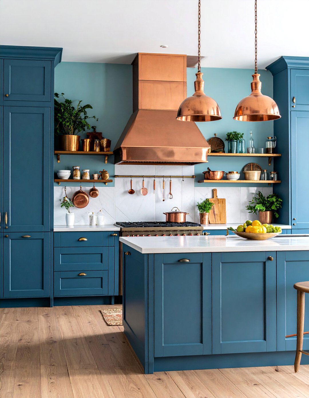 Navy Blue Cabinets with Copper Hardware and Accents - 25 Navy Blue Kitchen Cabinets Ideas