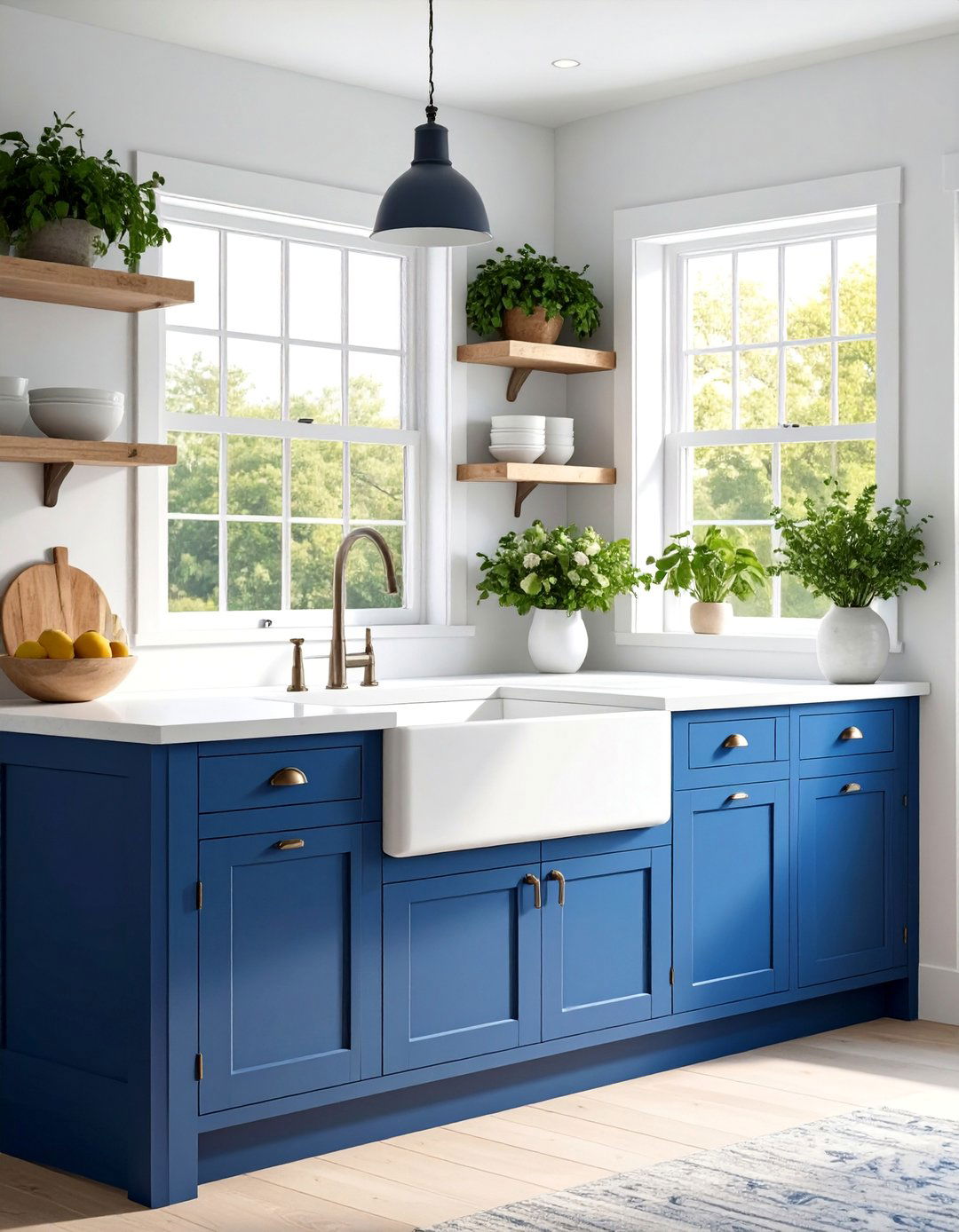 Navy Blue Cabinets with Farmhouse Sink and Window - 25 Navy Blue Kitchen Cabinets Ideas
