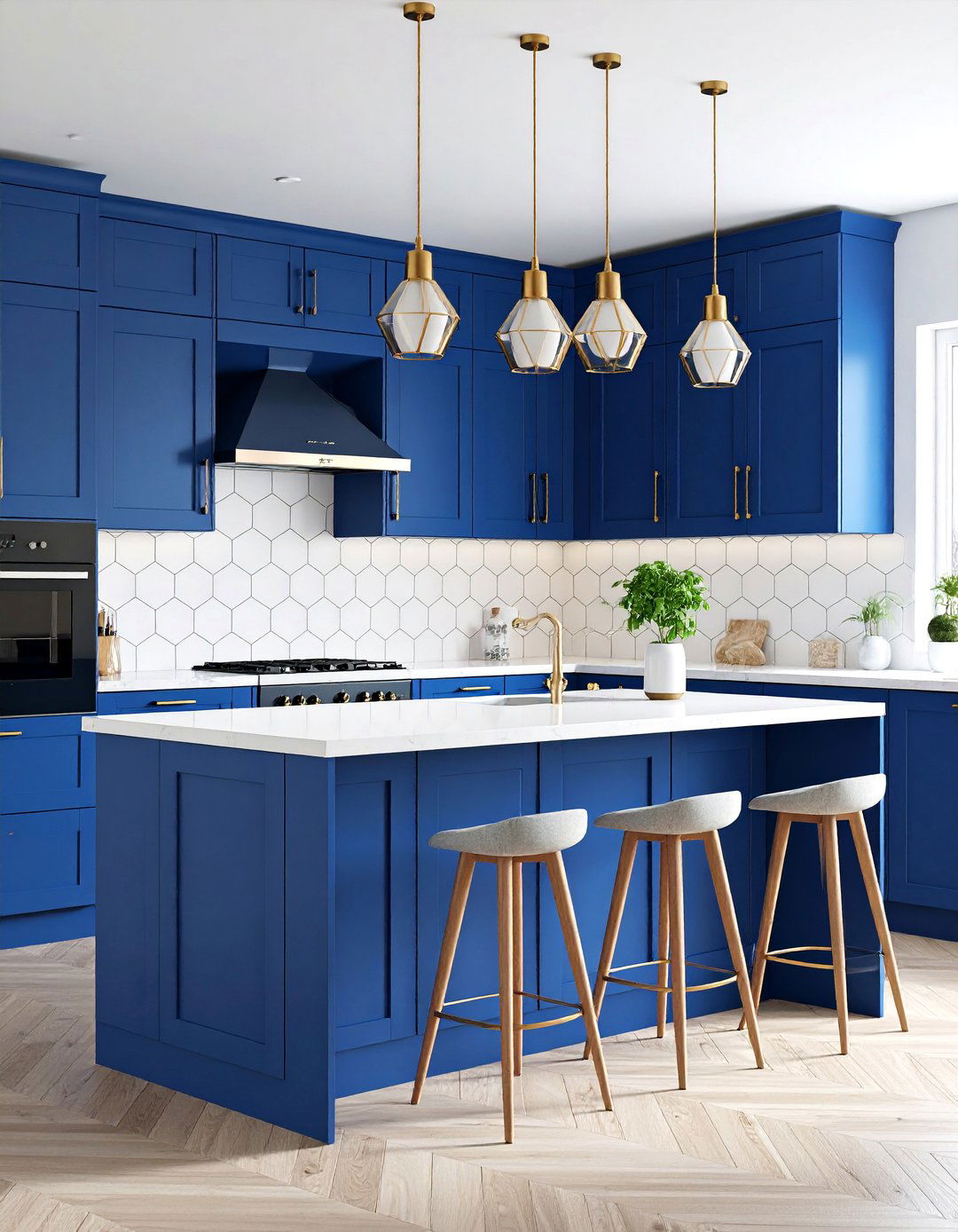 Navy Blue Cabinets with Hexagonal Tile Backsplash - 25 Navy Blue Kitchen Cabinets Ideas