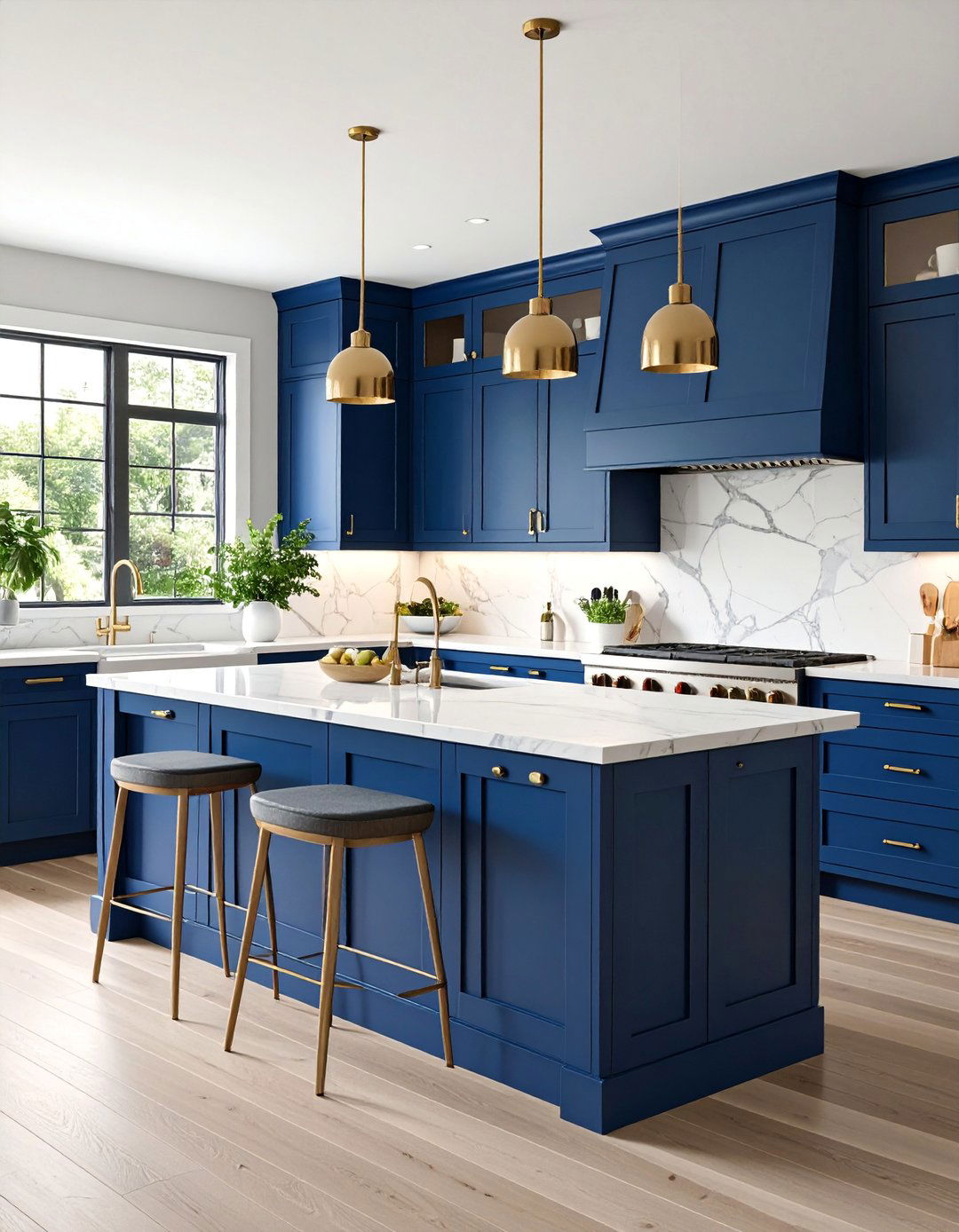 Navy Blue Cabinets with Marble Countertops and Backsplash - 25 Dark Kitchen Ideas