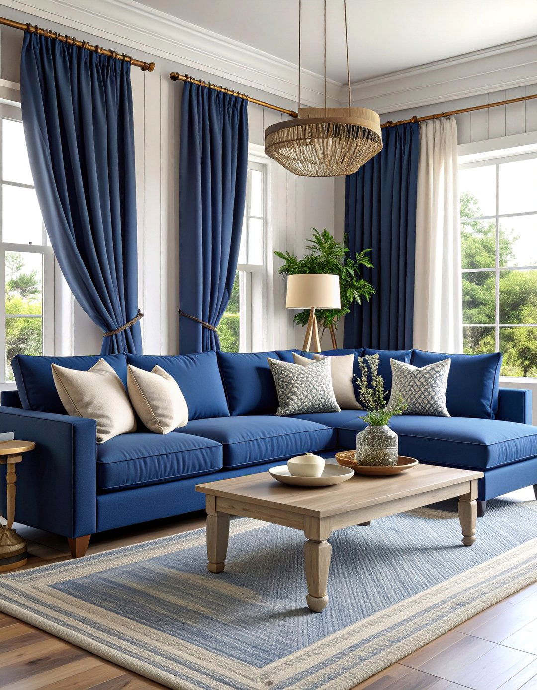 Navy Blue Coastal Living Room with Grey Driftwood Accents - 25 Navy Blue and Grey Living Room Ideas