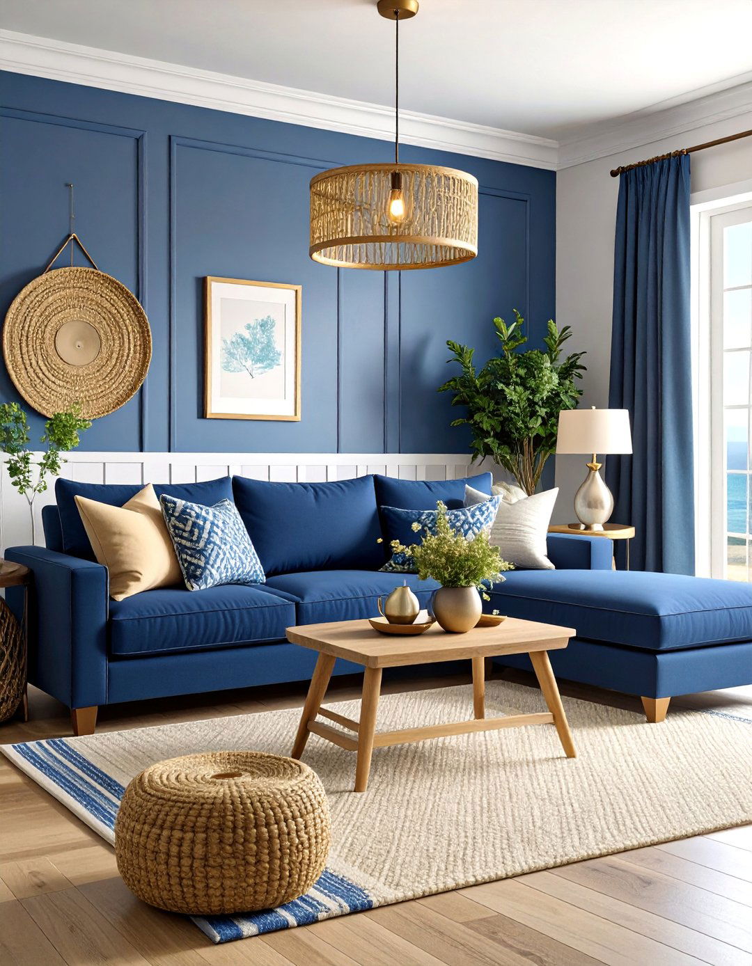 Navy Blue Coastal Living Room with Natural Textures - 25 Blue Living Room Ideas